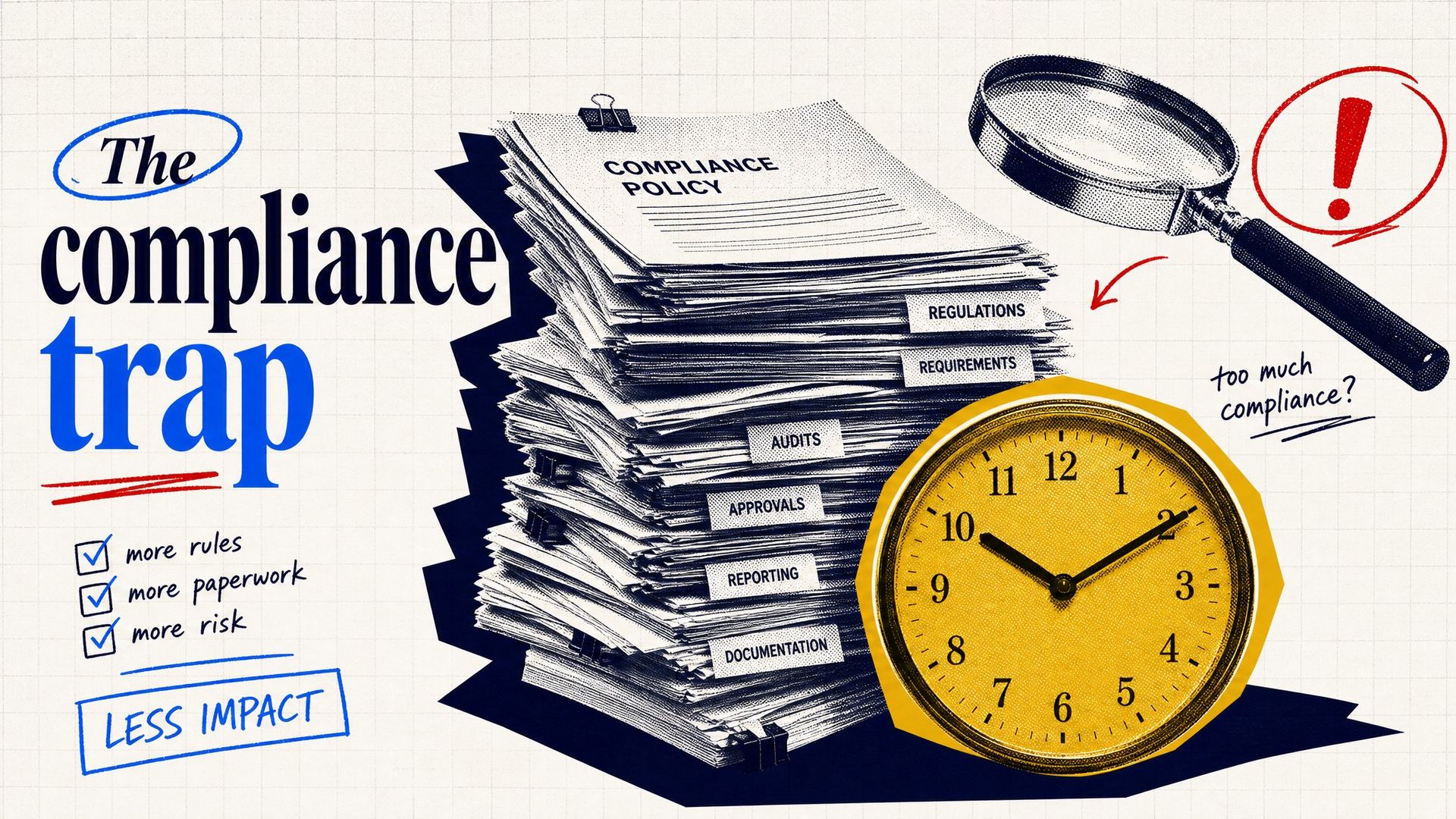 The compliance trap illustration: stacked paperwork, clock, more rules
