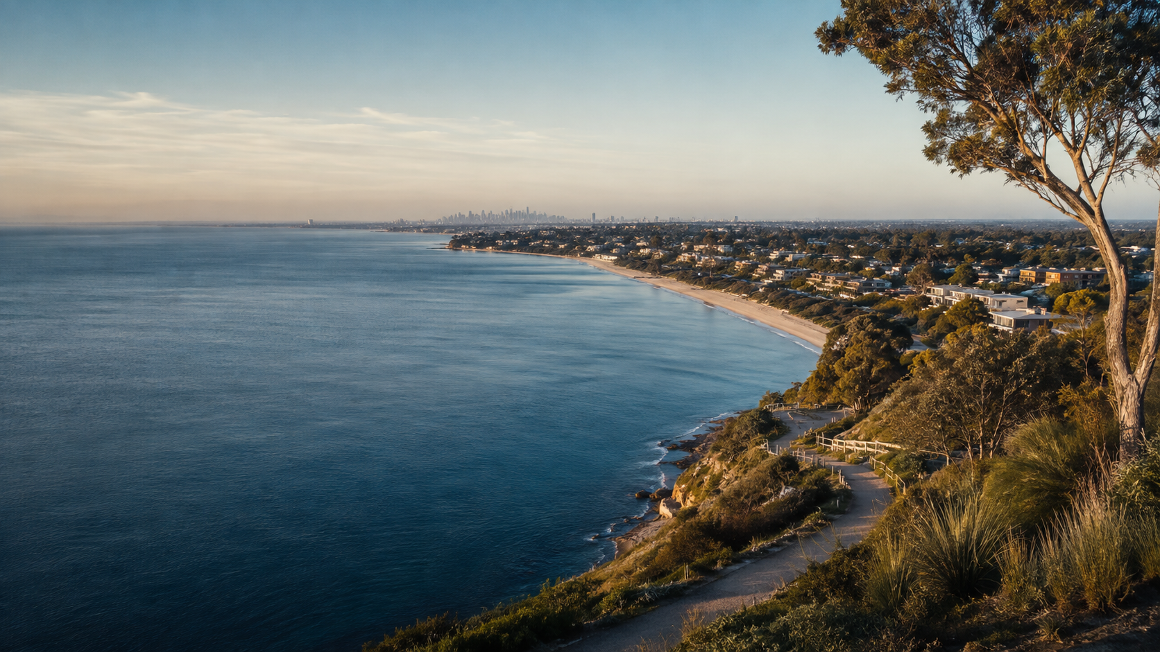 Illustrative view across an Australian-inspired bay, coastal neighbourhoods and open water