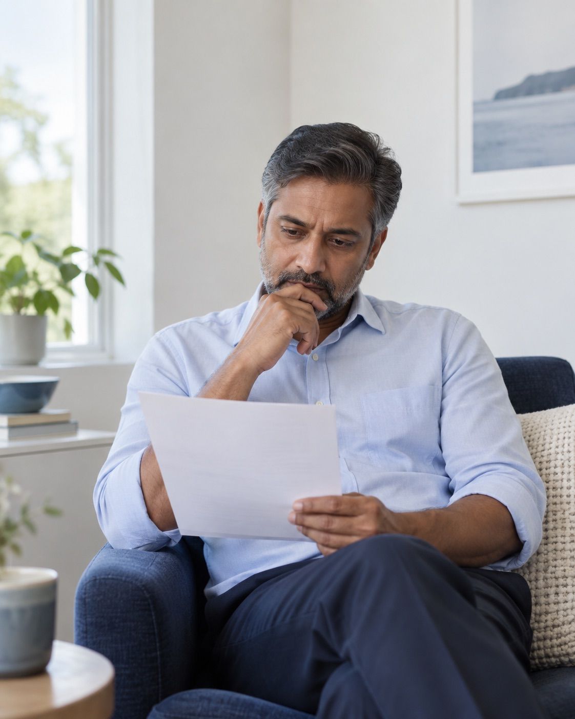 Man reading a letter at home
